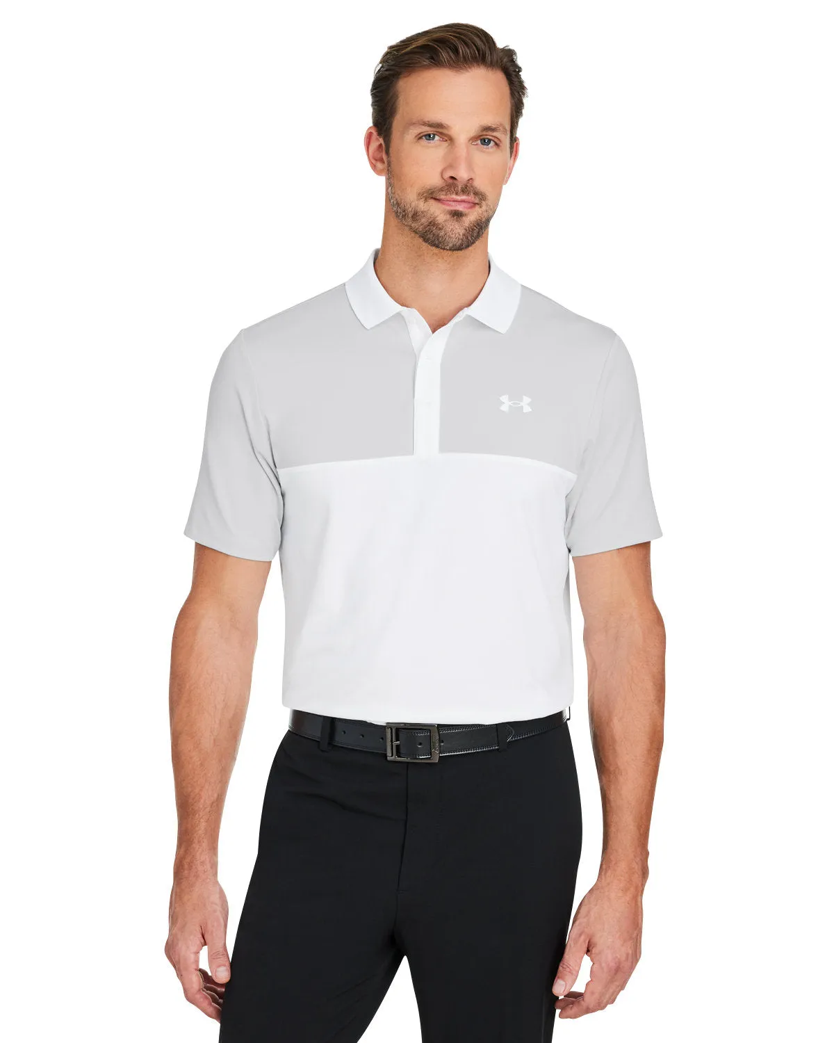 Under Armour Mens Performance 3.0 Custom Colorblock Polos, White Heather Grey