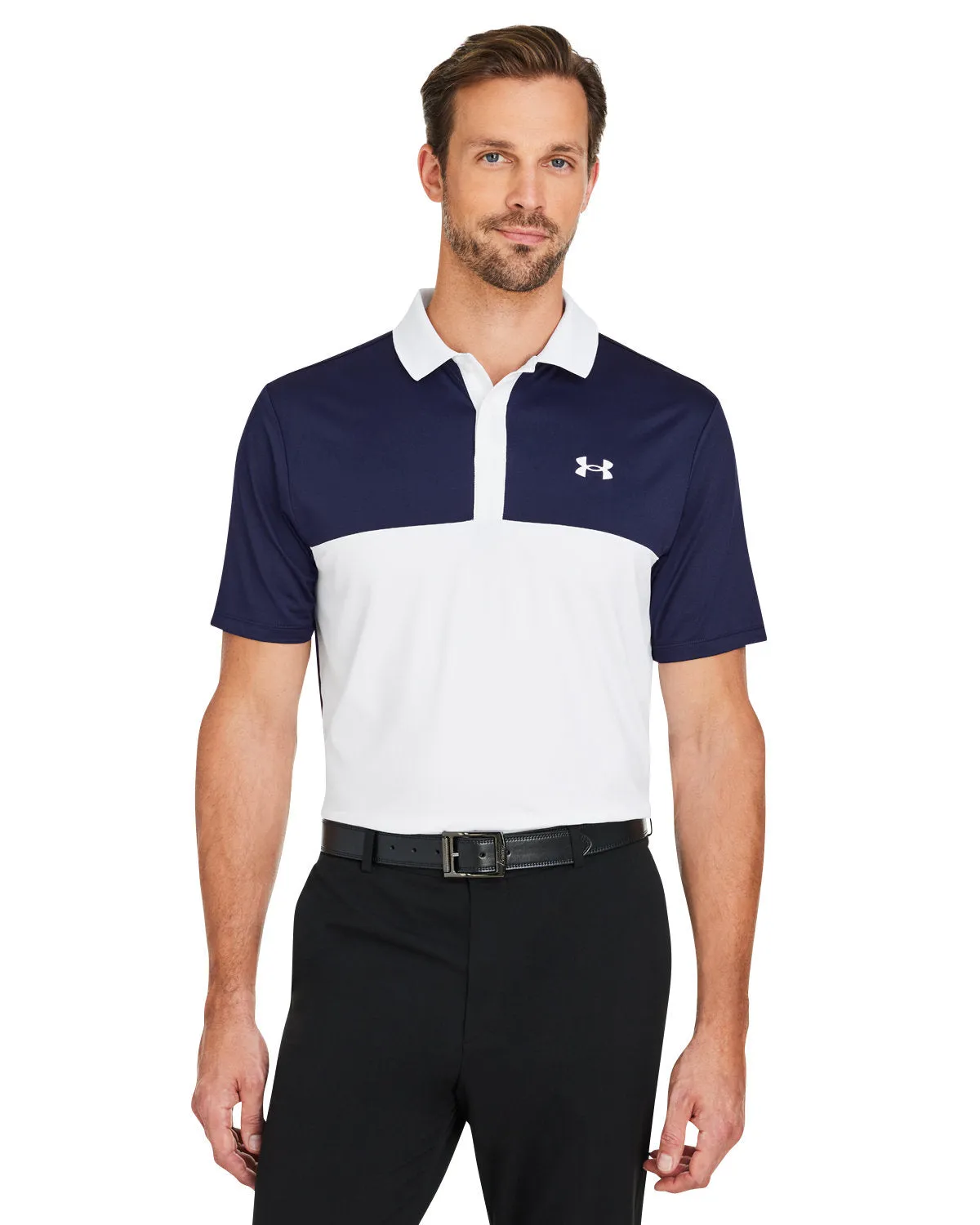 Under Armour Mens Performance 3.0 Custom Colorblock Polos, White Medium Navy