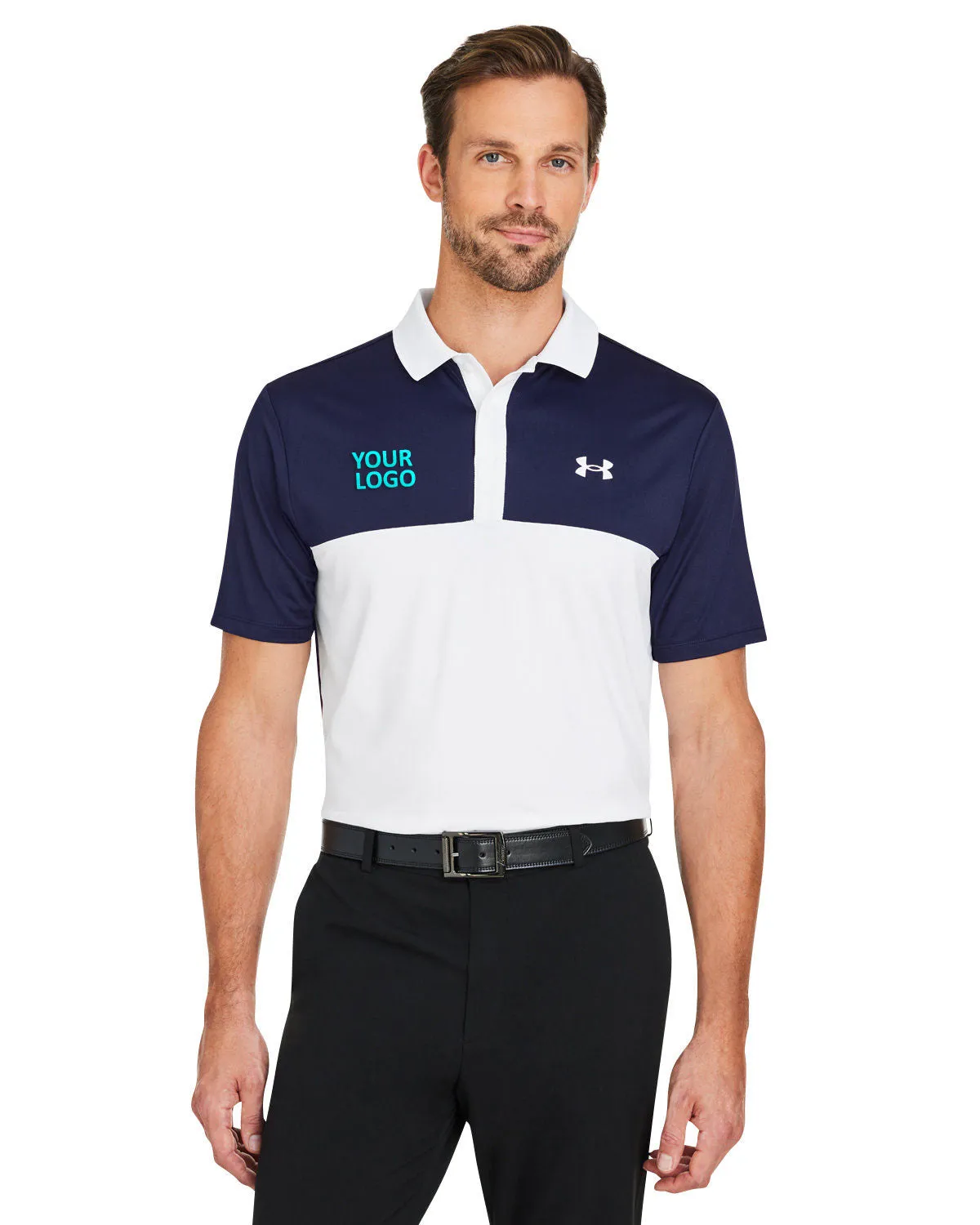 Under Armour Mens Performance 3.0 Custom Colorblock Polos, White Medium Navy