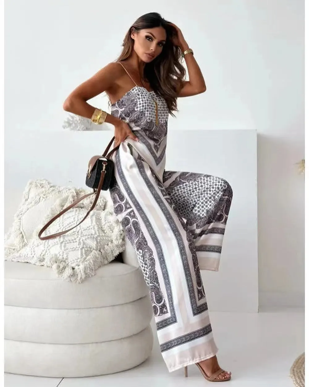 🌸Up to 80% off🔥 Unique Printed Sling Backless Strappy Top and Elastic Waisted Loose Pants Set