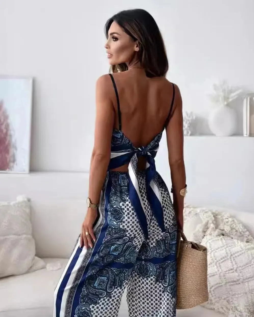 🌸Up to 80% off🔥 Unique Printed Sling Backless Strappy Top and Elastic Waisted Loose Pants Set