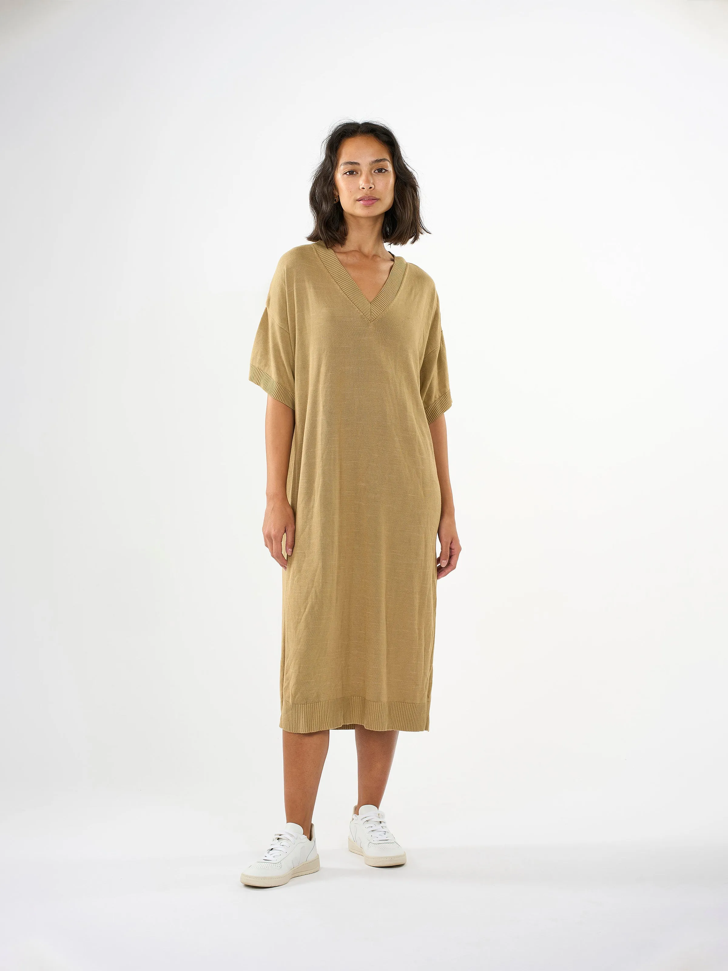 V-neck viscose knit dress - Kelp melange