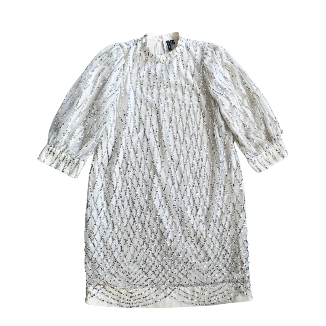 Vero Moda Sequins Shift Dress White Silver SIZE M