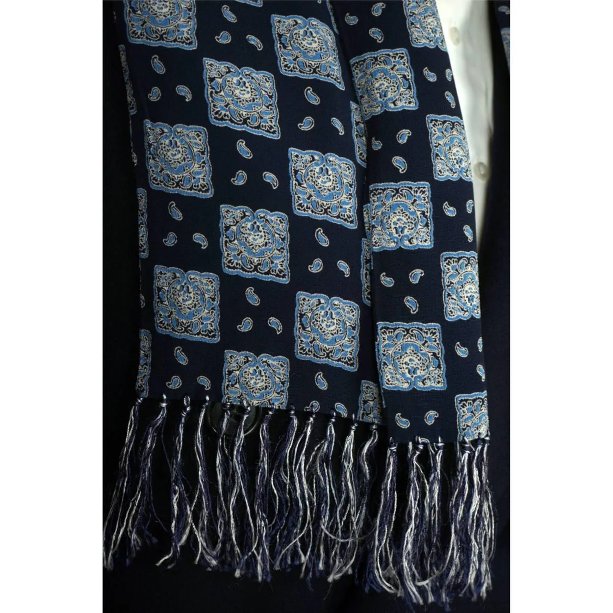 Vintage 1940s 50s Mens Fringed Scarf Hand Printed Silk Crepe Paisley Squares