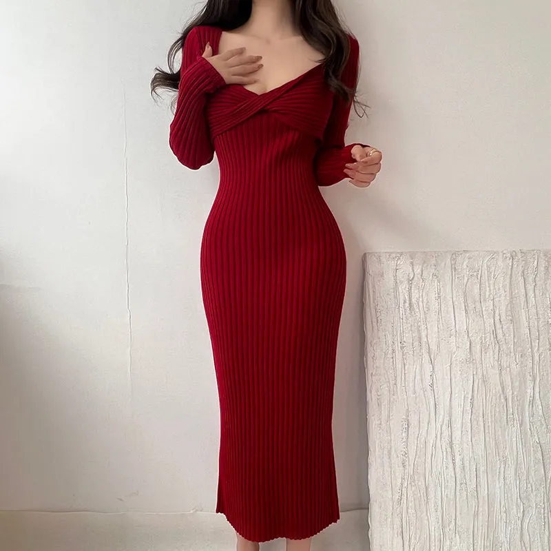 Vintage Stretch Bodycon Hip Wrap Knit Winter Dress