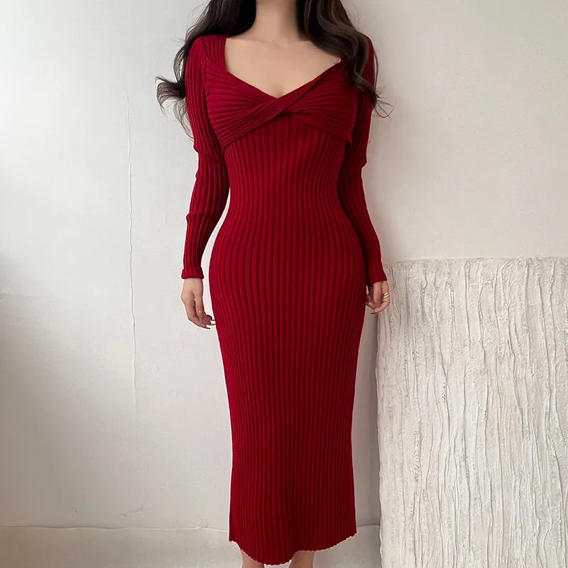 Vintage Stretch Bodycon Hip Wrap Knit Winter Dress