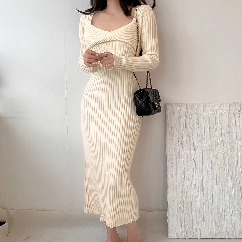 Vintage Stretch Bodycon Hip Wrap Knit Winter Dress