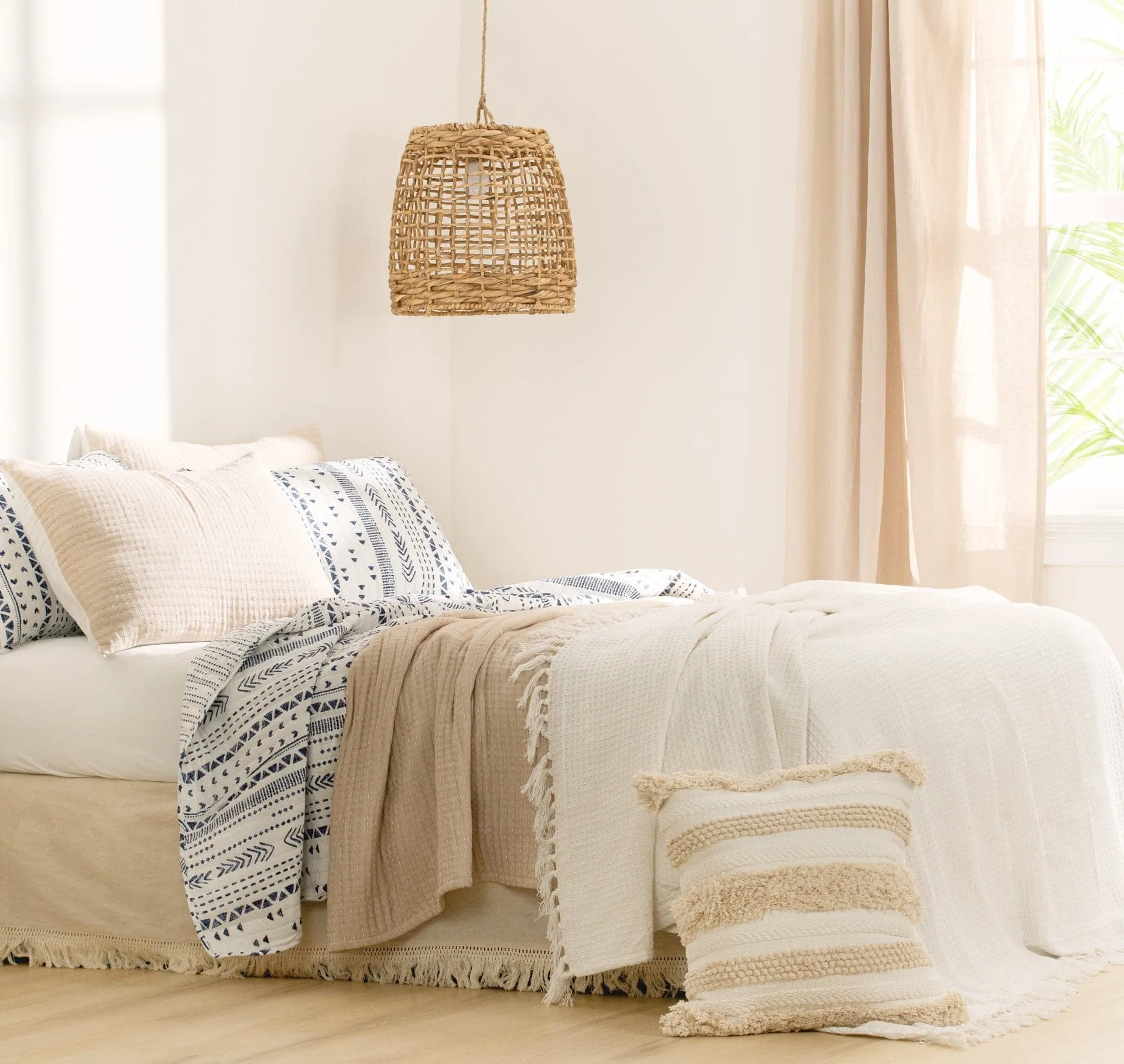 Waffle Cotton Knit Tassel Fringe Blanket/Coverlet