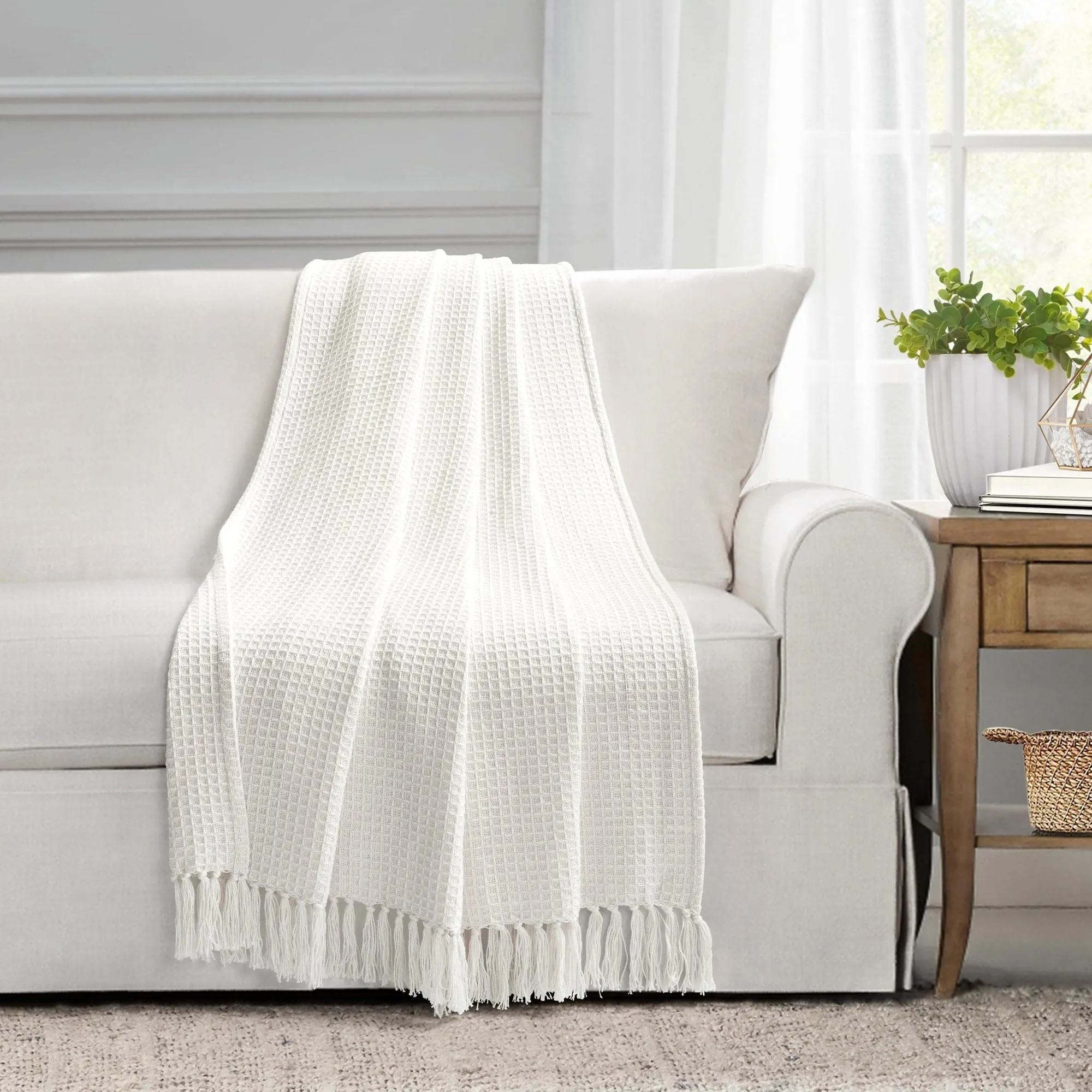 Waffle Cotton Knit Tassel Fringe Throw Blanket