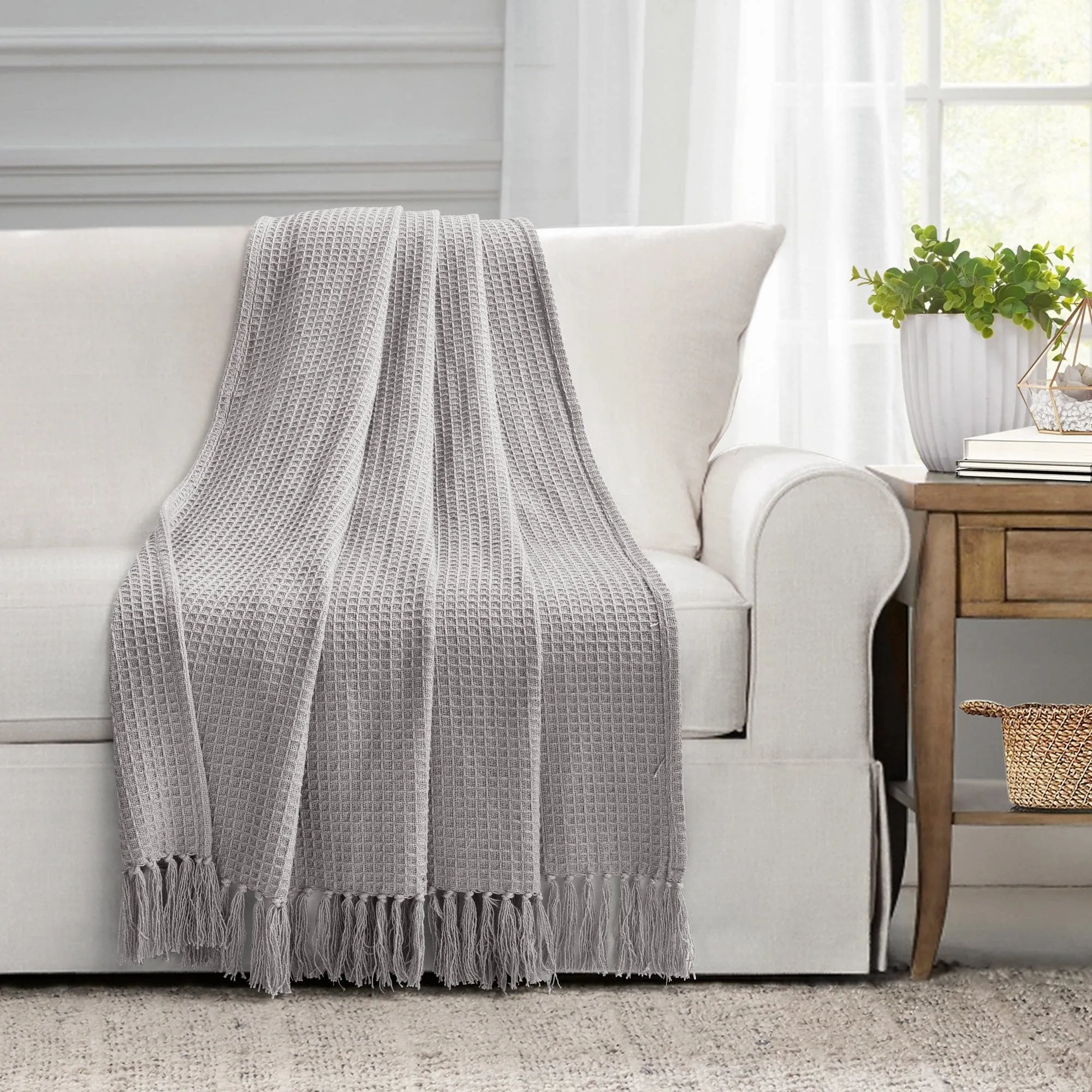 Waffle Cotton Knit Tassel Fringe Throw Blanket