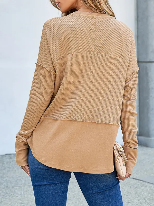 Waffle Knit & Solid Patchwork Casual Pullover Top