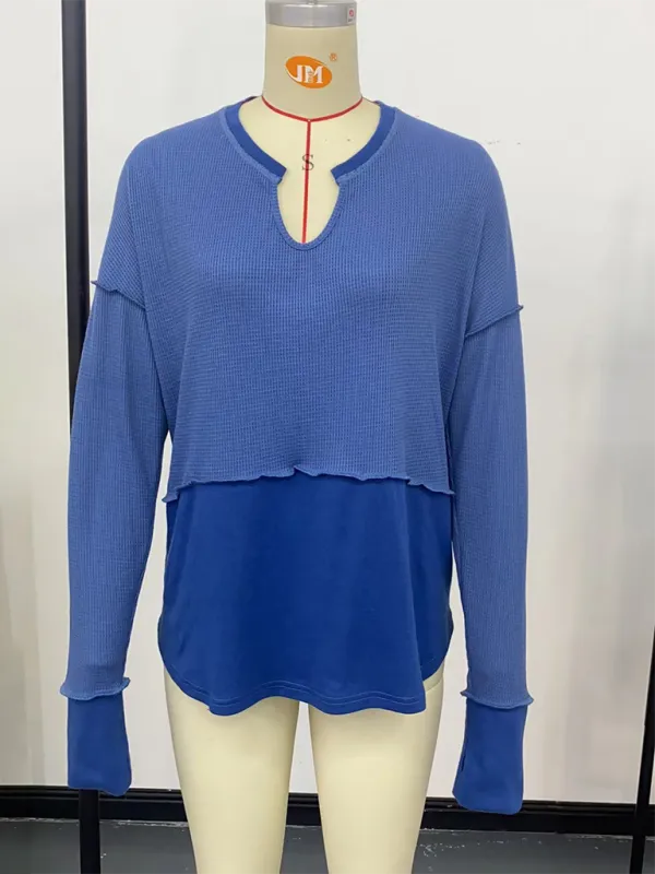 Waffle Knit & Solid Patchwork Casual Pullover Top