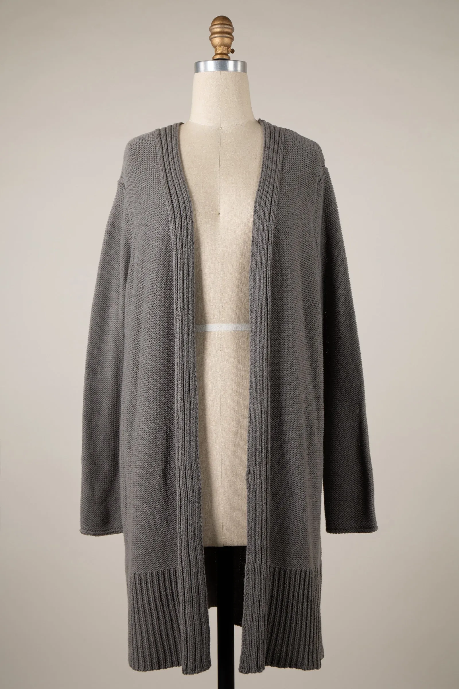 Waffle Knit Ribbed Trim Smooth Cardigan