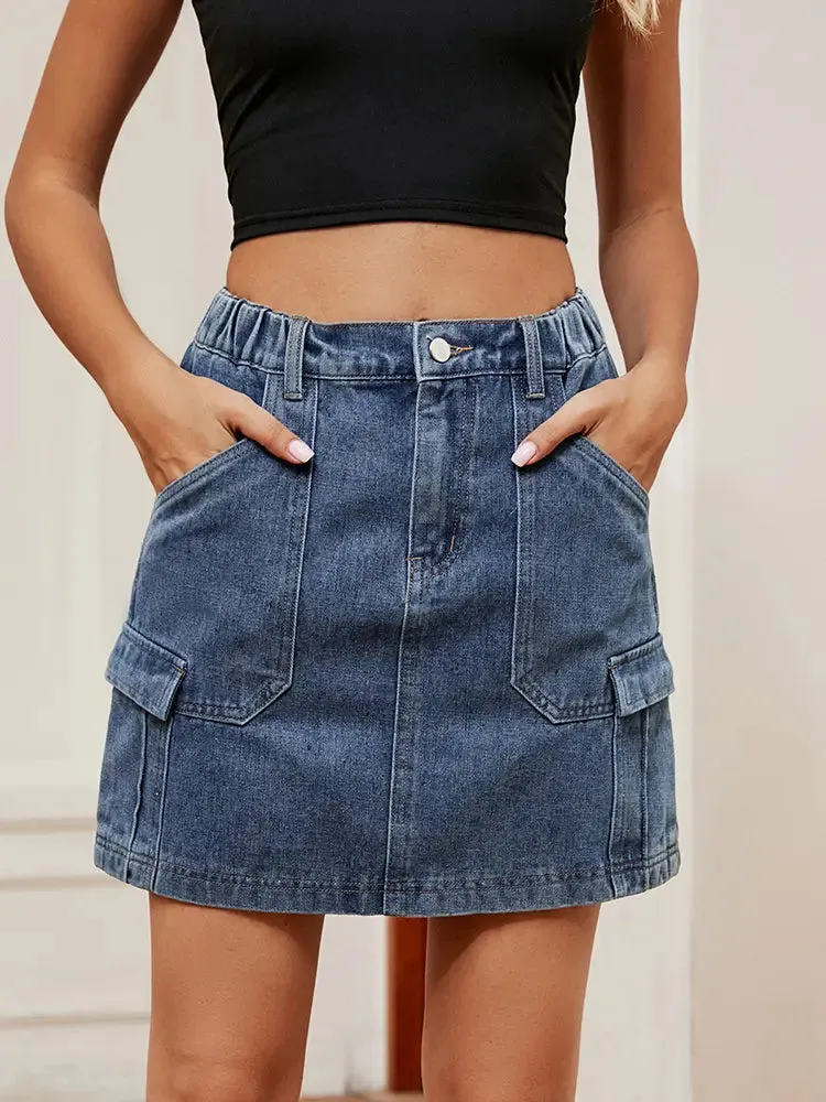 Washed Utility Pocket Denim Skirt