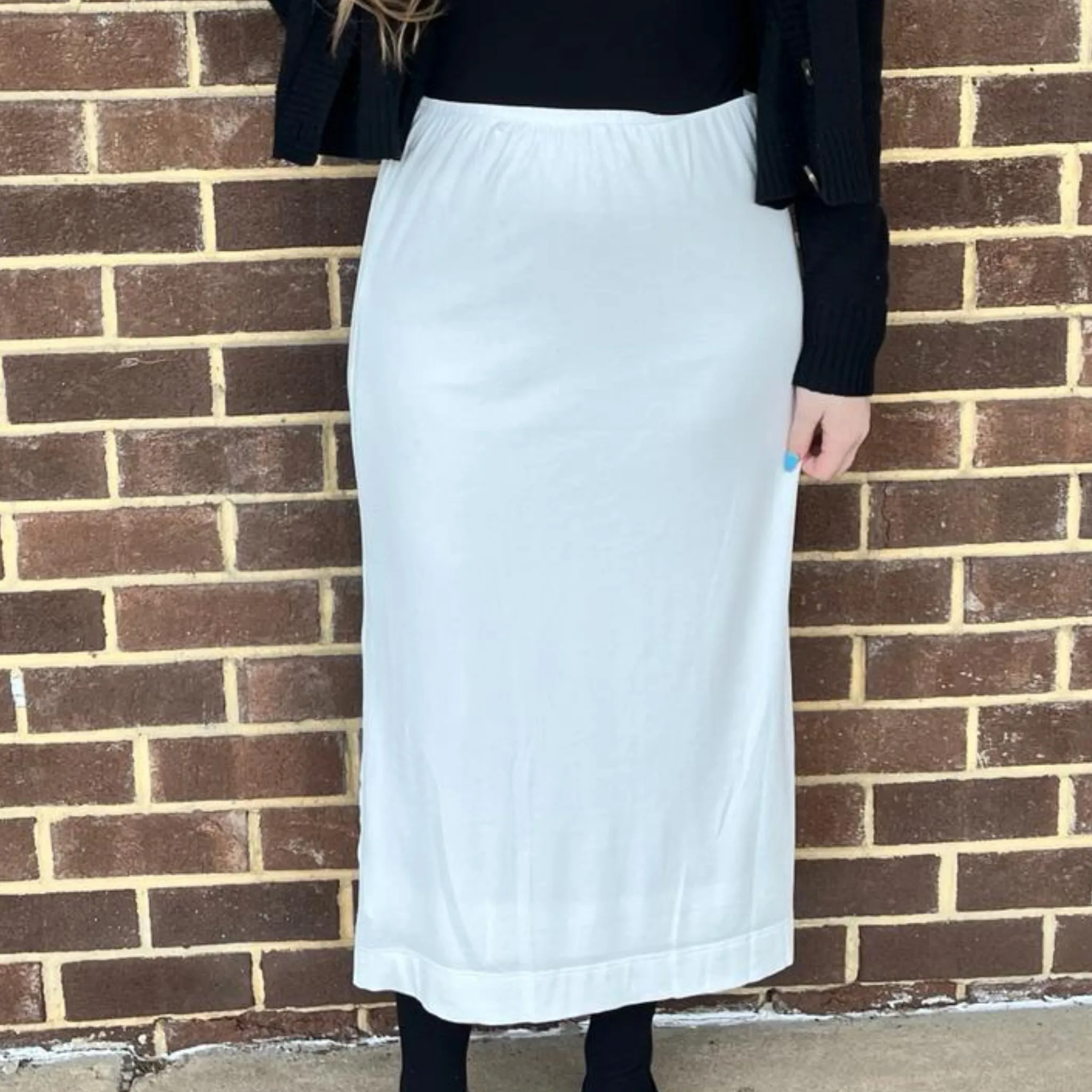 White Microribbed Straight Midi Skirt