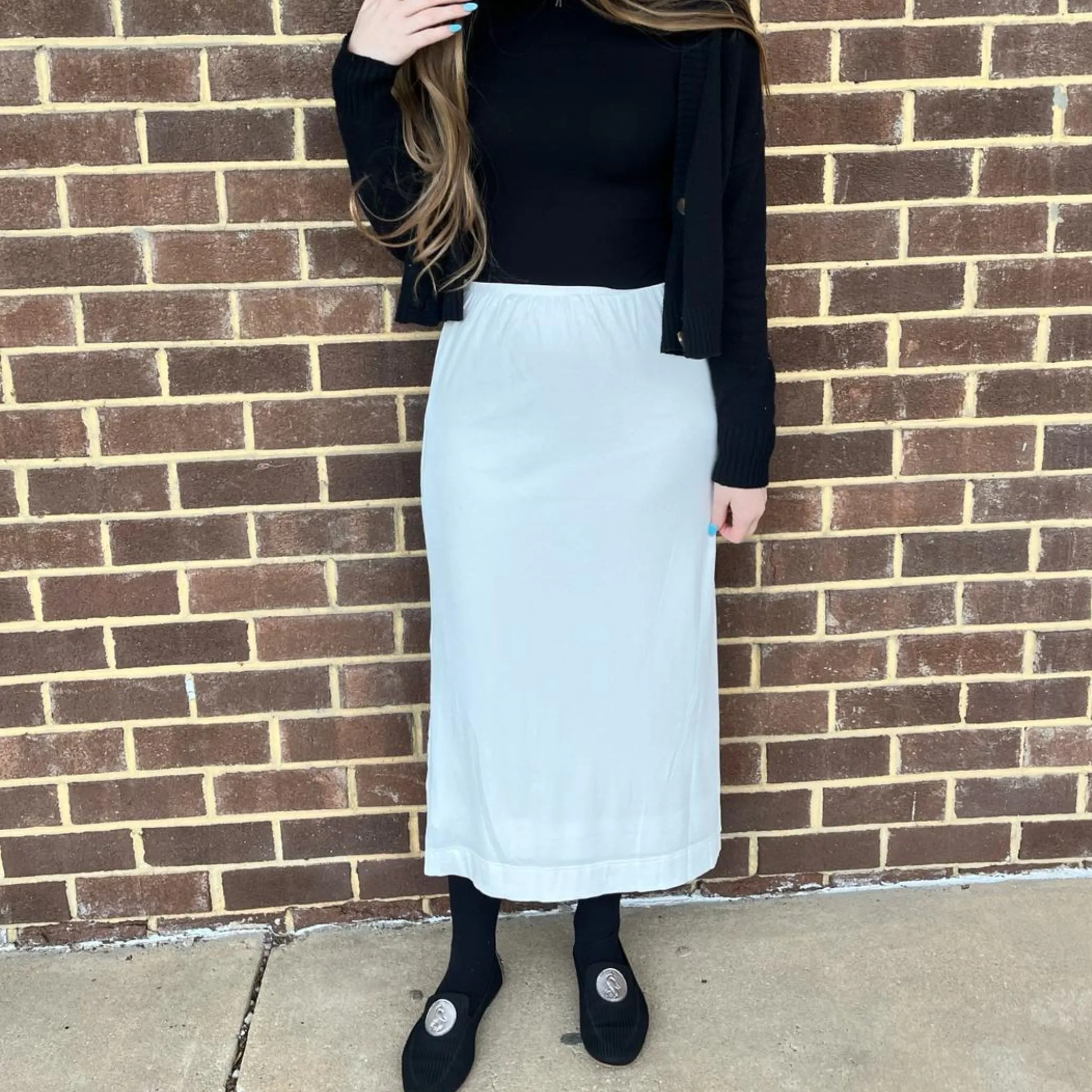 White Microribbed Straight Midi Skirt