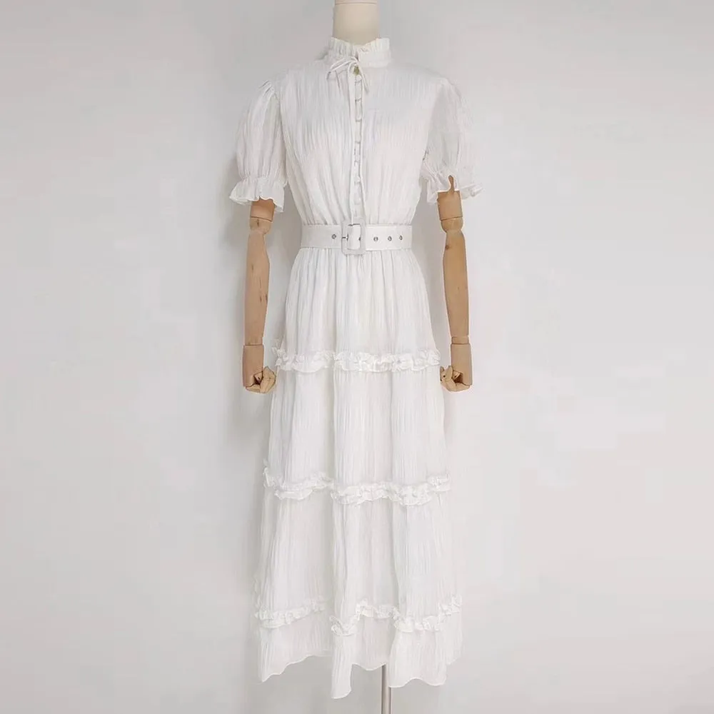 White Sweet Dress For Women Stand Collar Short Sleeve High Waist Sashes Solid Minimalist Midi Dresses Female Summer