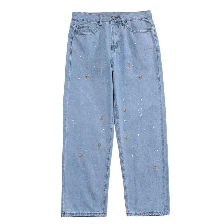 WLS Star Print Vintage Loose Denim Jeans