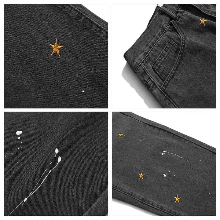 WLS Star Print Vintage Loose Denim Jeans