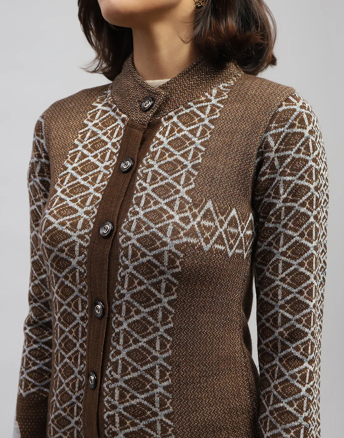 Women Brown Jaquard Round Neck Full Sleeve Cardigan