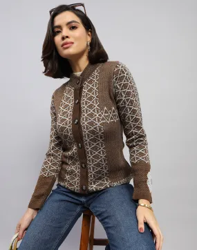 Women Brown Jaquard Round Neck Full Sleeve Cardigan