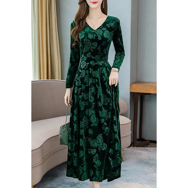 Women Charming V-Neck Full Sleeve Floral Party Dress - WDC14942