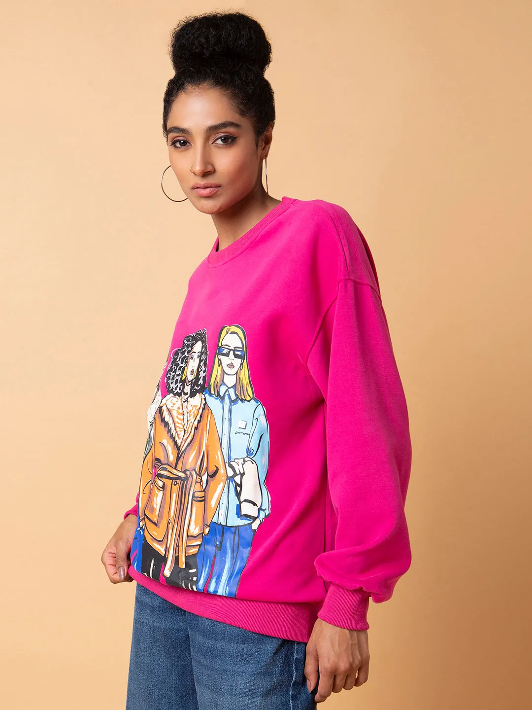 Women Graphic Pink Oversized Pullover