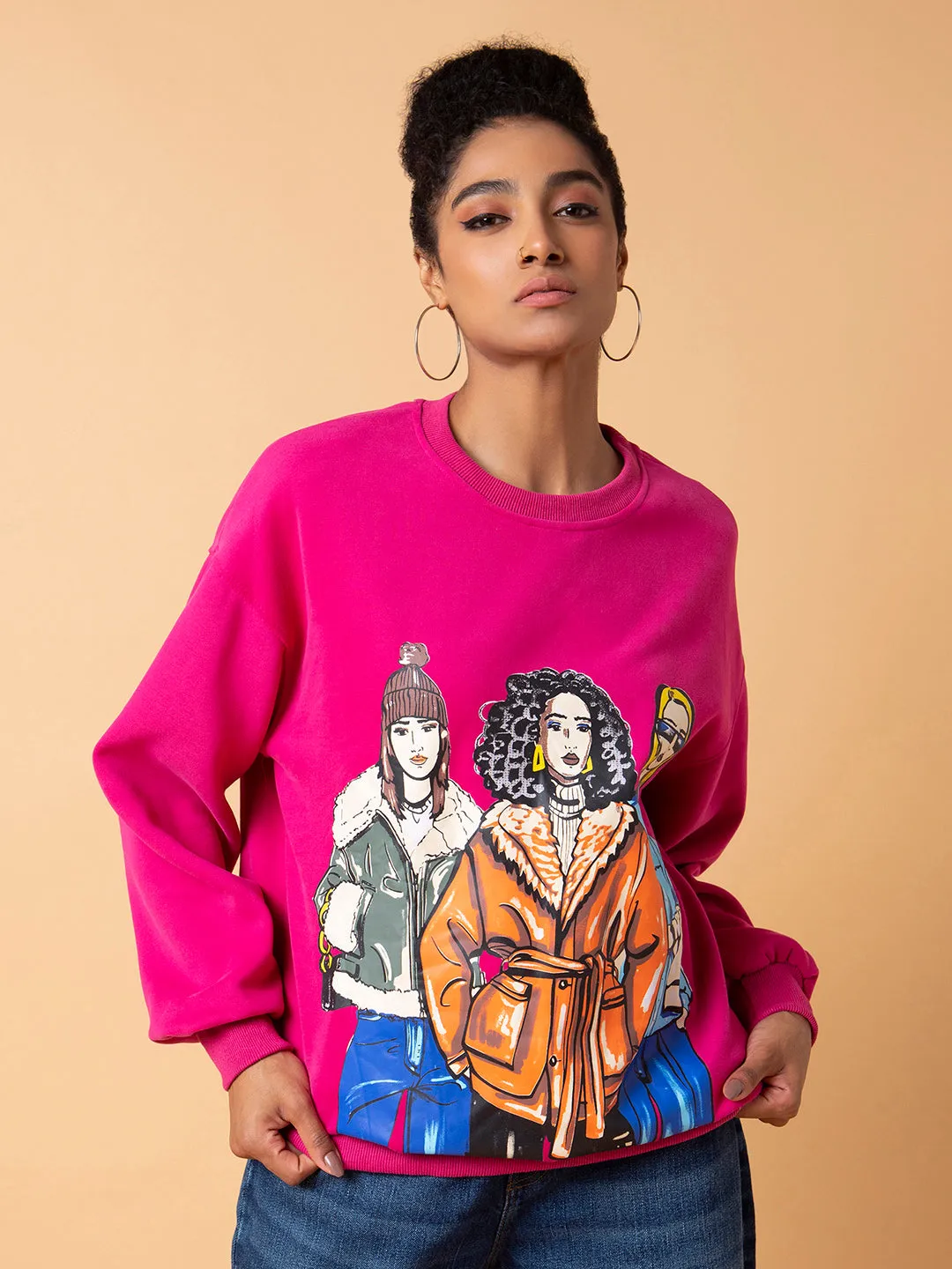 Women Graphic Pink Oversized Pullover