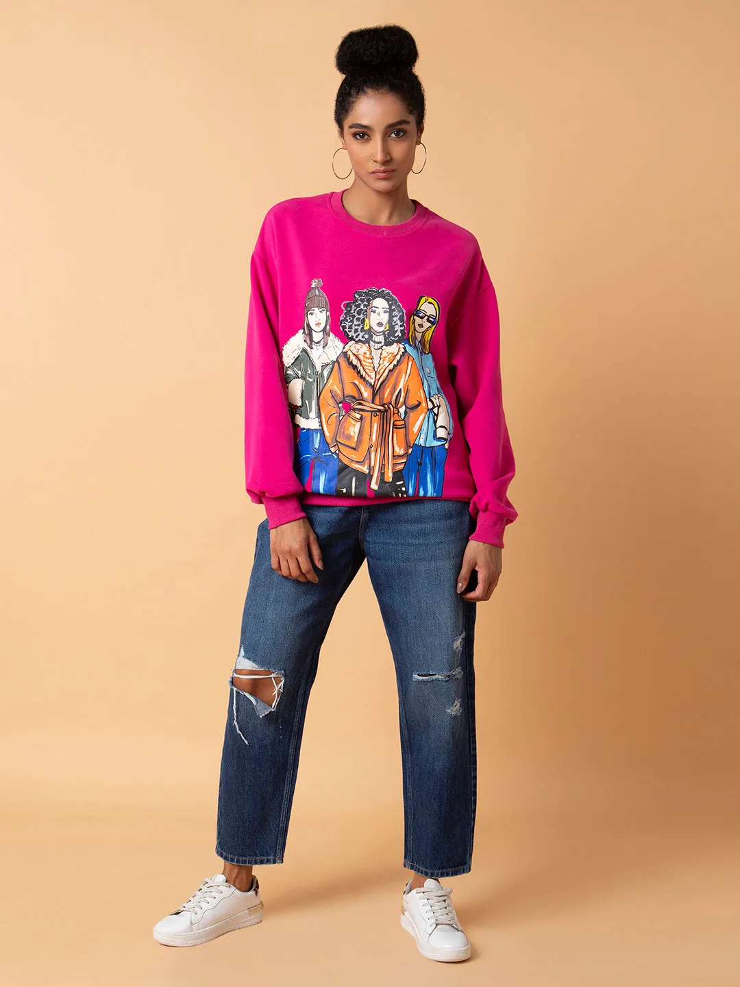 Women Graphic Pink Oversized Pullover