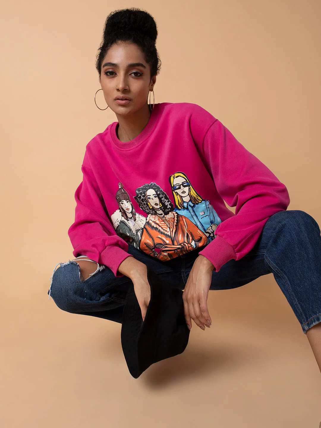 Women Graphic Pink Oversized Pullover