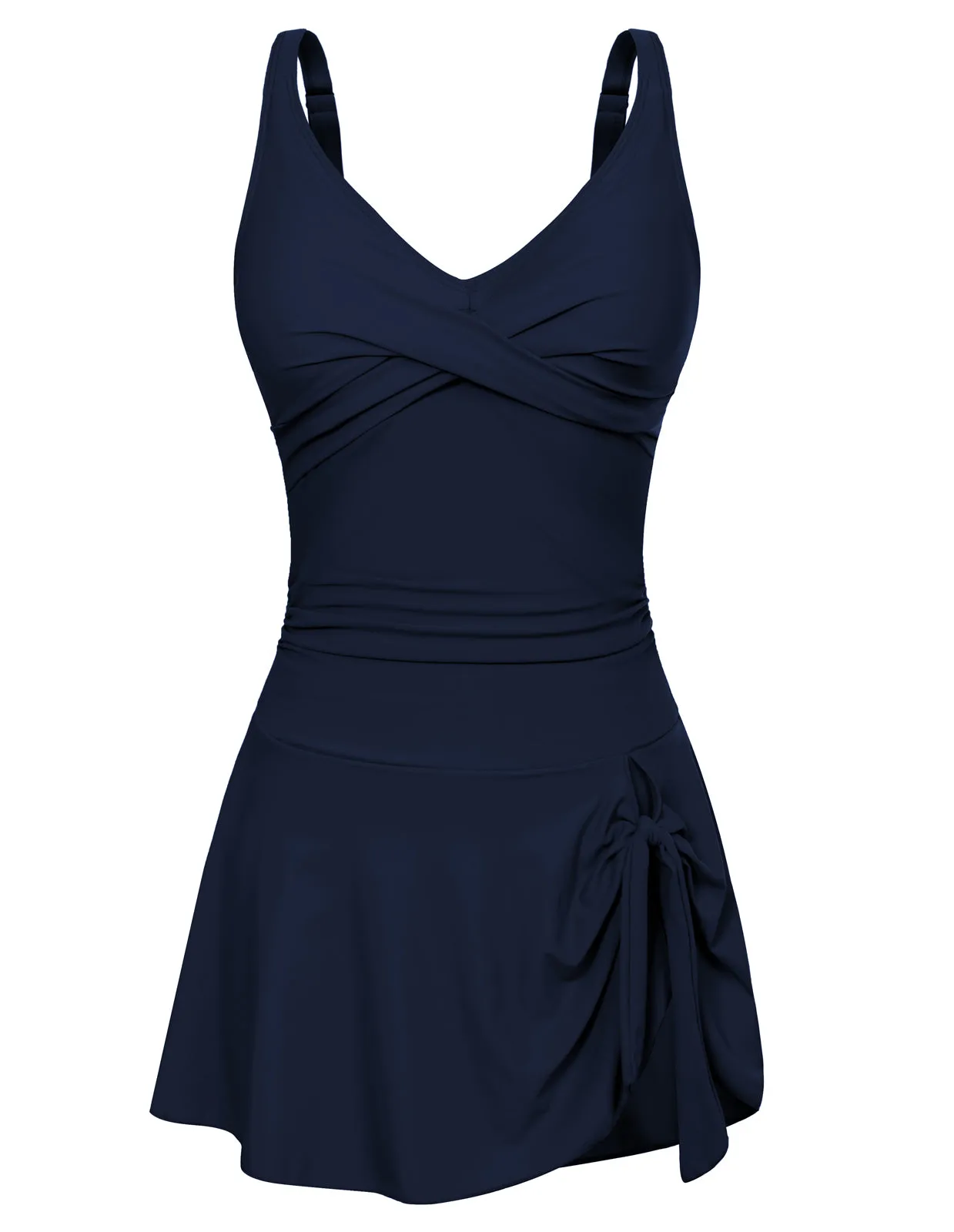 Women V-Neck Swim Dress with Attached Briefs Ruched Padded Swimwear