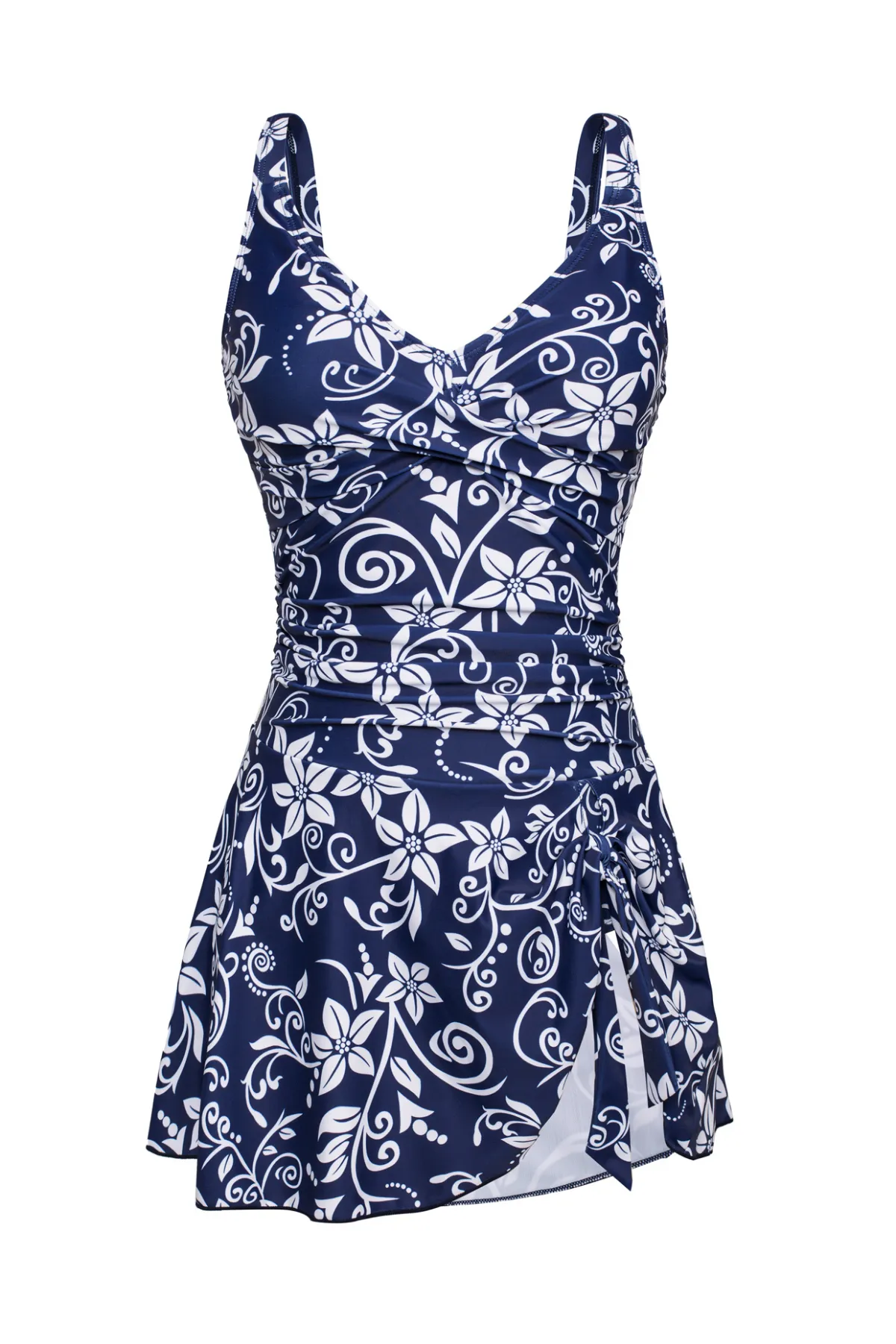 Women V-Neck Swim Dress with Attached Briefs Ruched Padded Swimwear