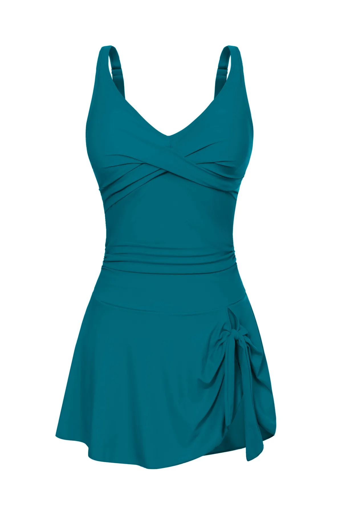 Women V-Neck Swim Dress with Attached Briefs Ruched Padded Swimwear