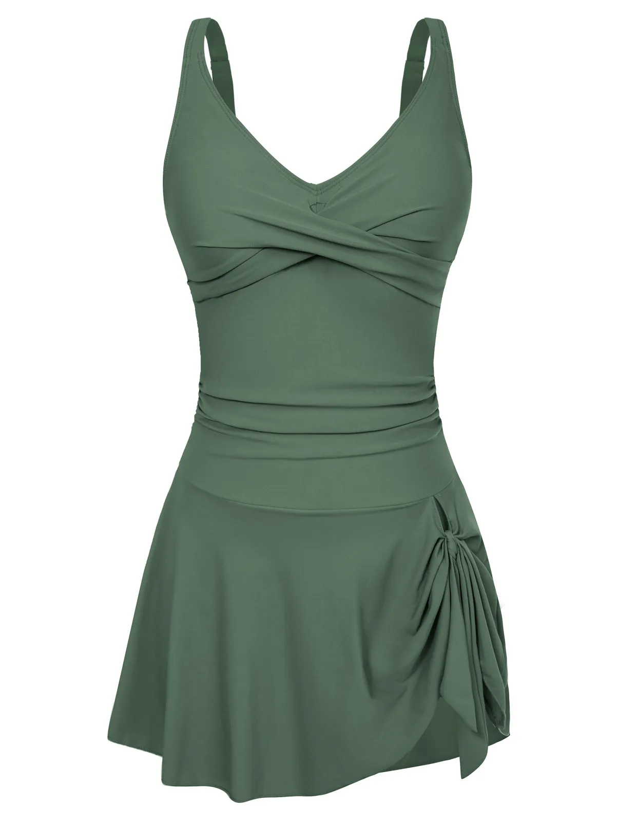 Women V-Neck Swim Dress with Attached Briefs Ruched Padded Swimwear