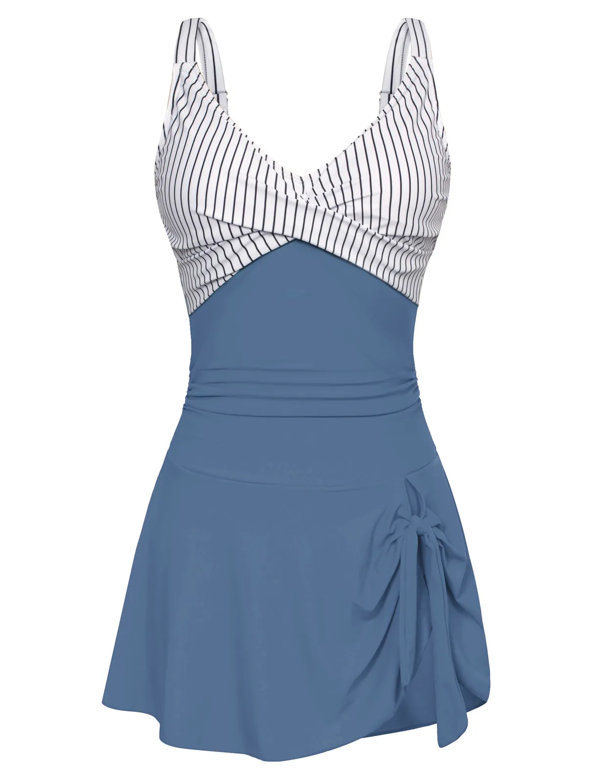 Women V-Neck Swim Dress with Attached Briefs Ruched Padded Swimwear