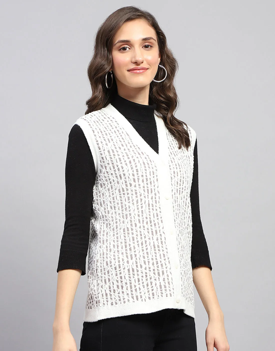 Women White Self Design V Neck Sleeveless Cardigan