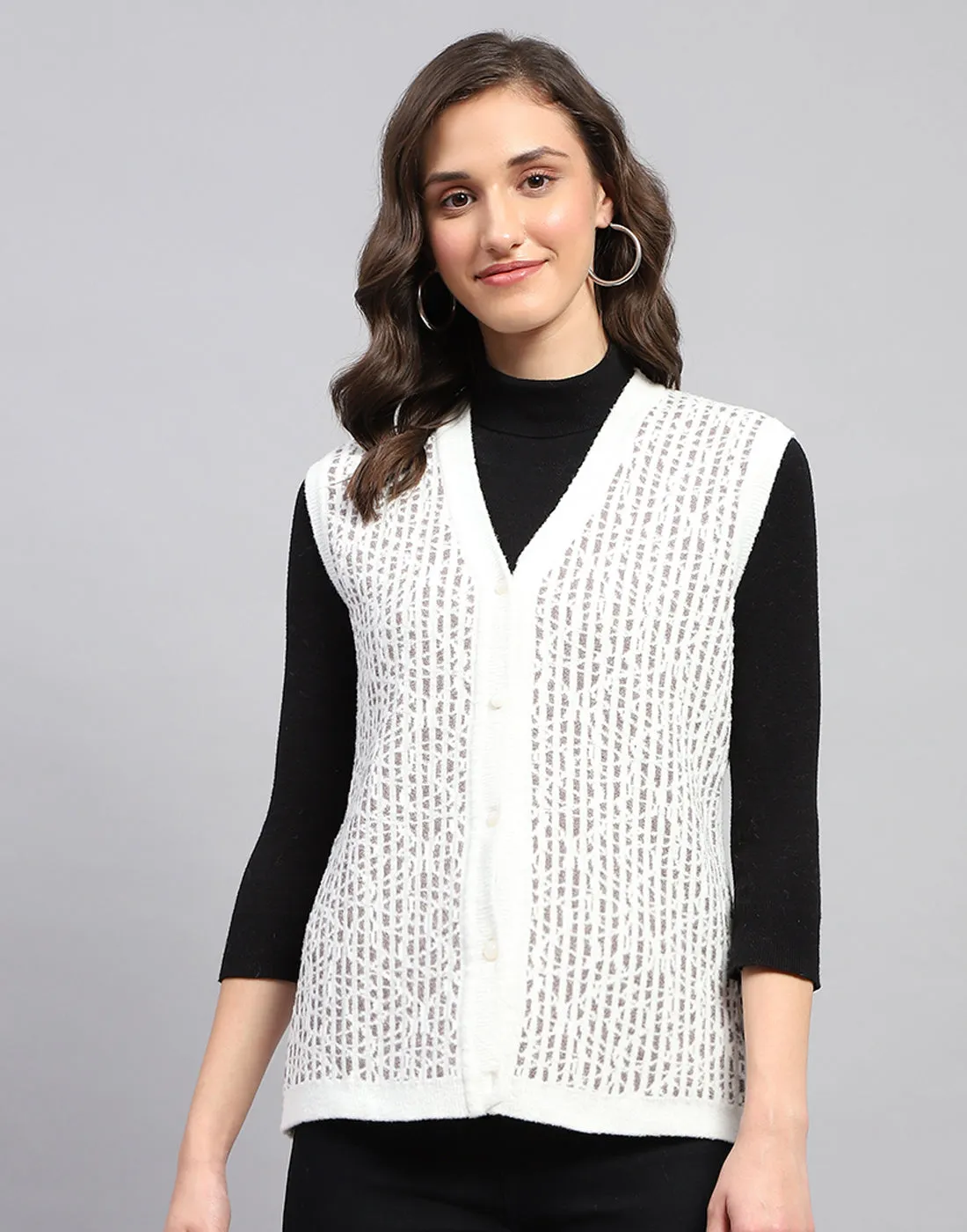 Women White Self Design V Neck Sleeveless Cardigan